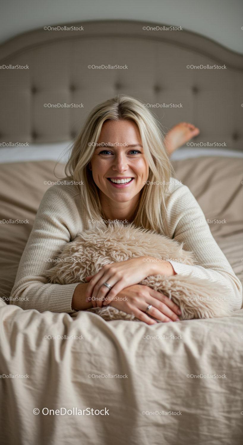 Smiling woman relaxing on bed with fluffy pillow