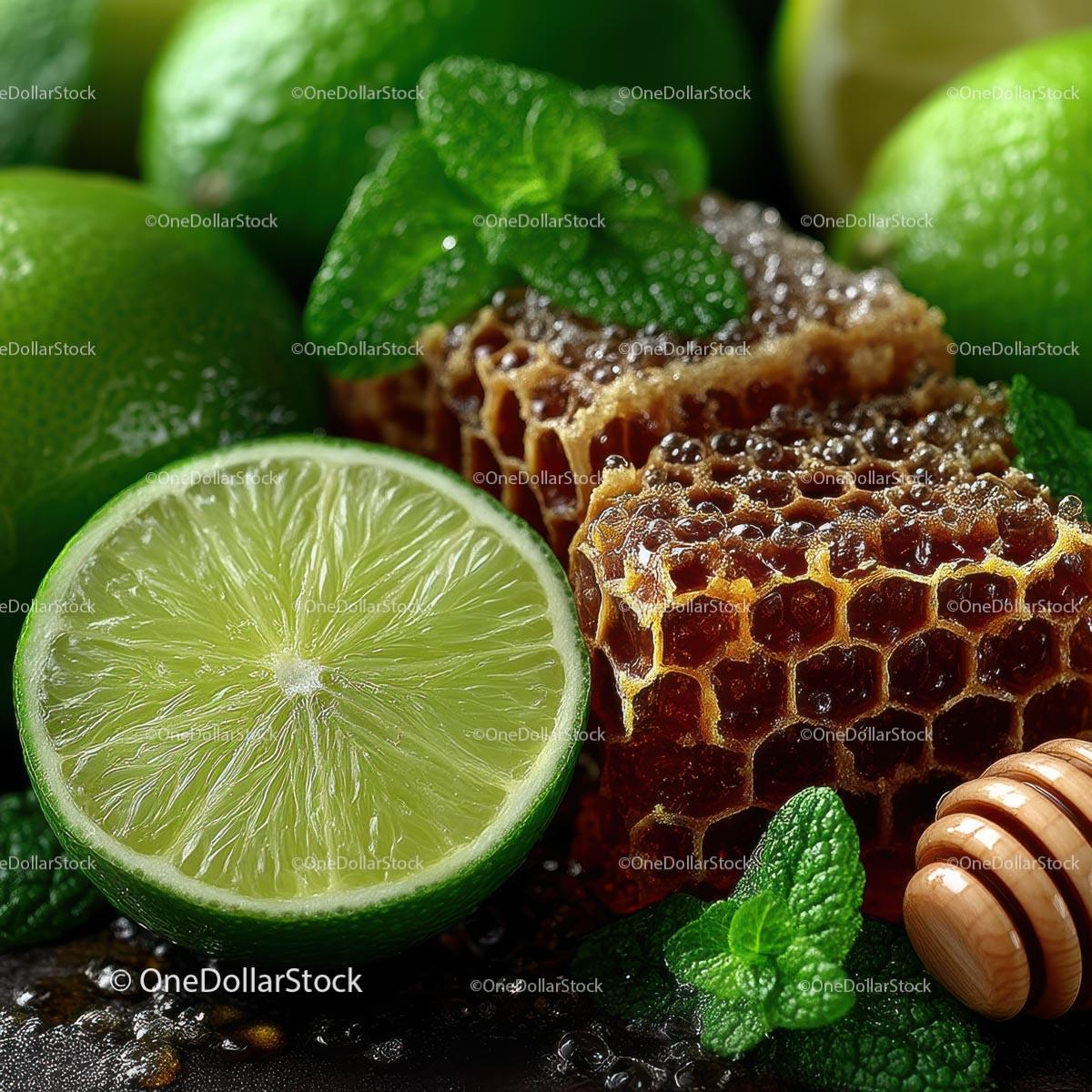 Fresh Limes, Mint Leaves and Honeycomb for Delicious Recipes Stock Photo Bundle preview 32