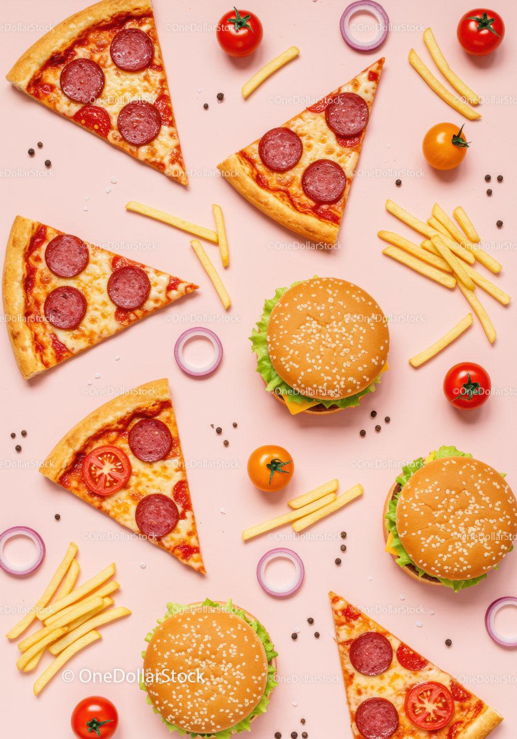 Flat lay of pepperoni pizza slices burgers and fries