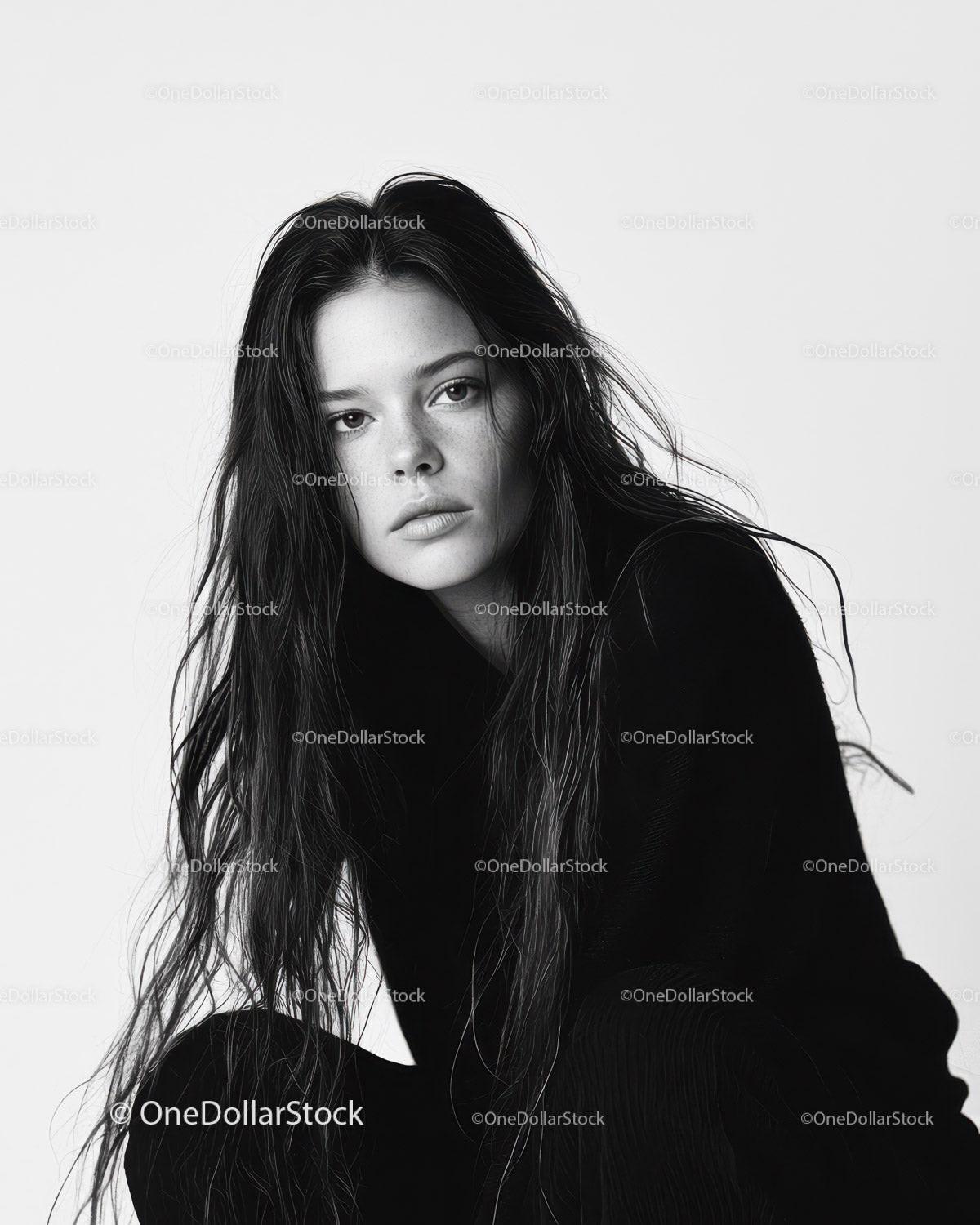 Black and White Portrait of a Young Woman with Long Wet Hair