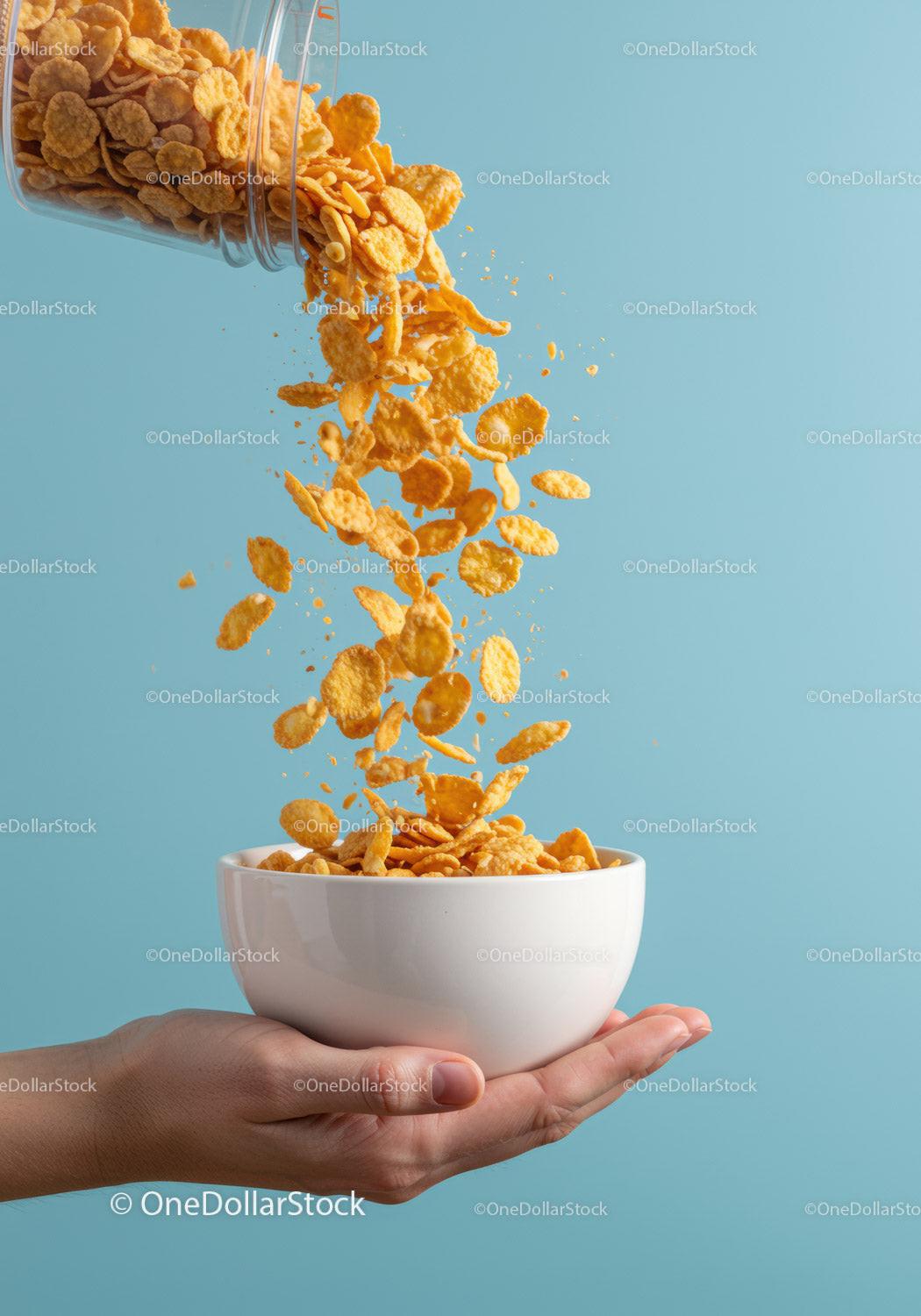 Pouring crunchy corn flakes into white bowl held by hand