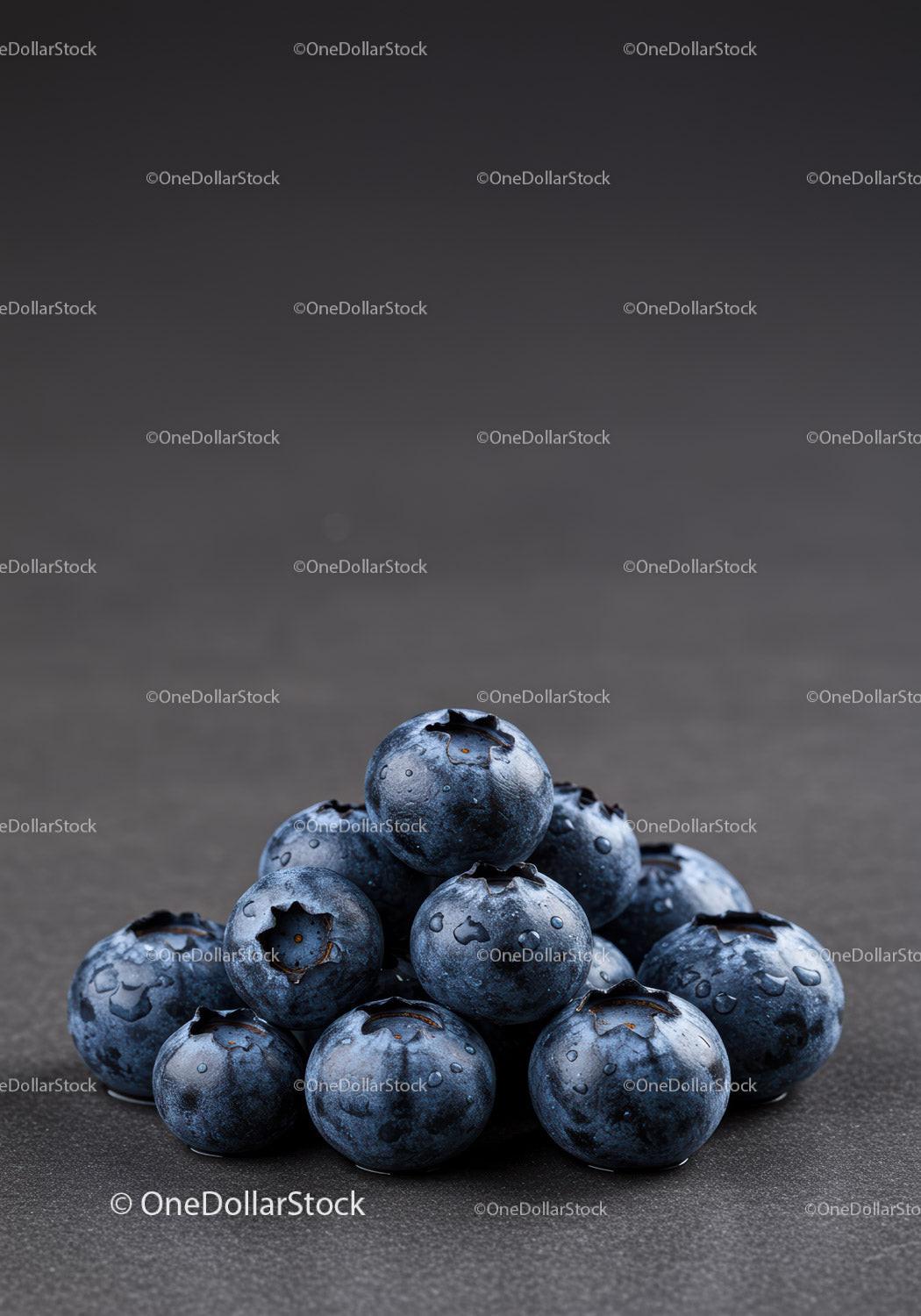 Fresh blueberries with water droplets on dark surface