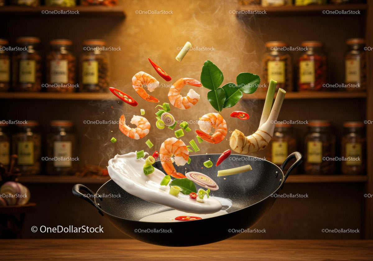 Fresh Shrimp and Aromatic Herbs Flying Over Wok