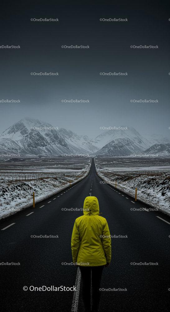 Lonely Traveler in Yellow Jacket on Snow-Covered Road Stock Photo Bundle creative preview 4