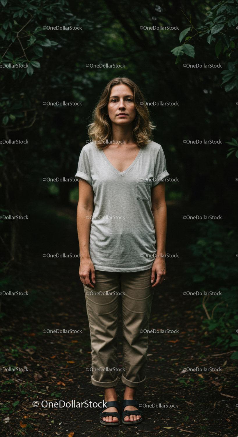 Young woman standing thoughtfully in a shaded forest path