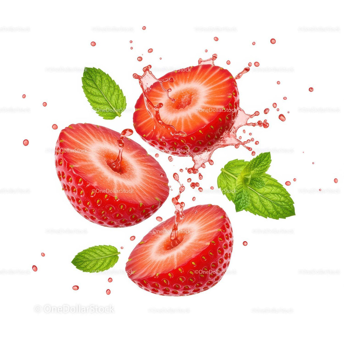 Fresh strawberry halves splashing with mint leaves