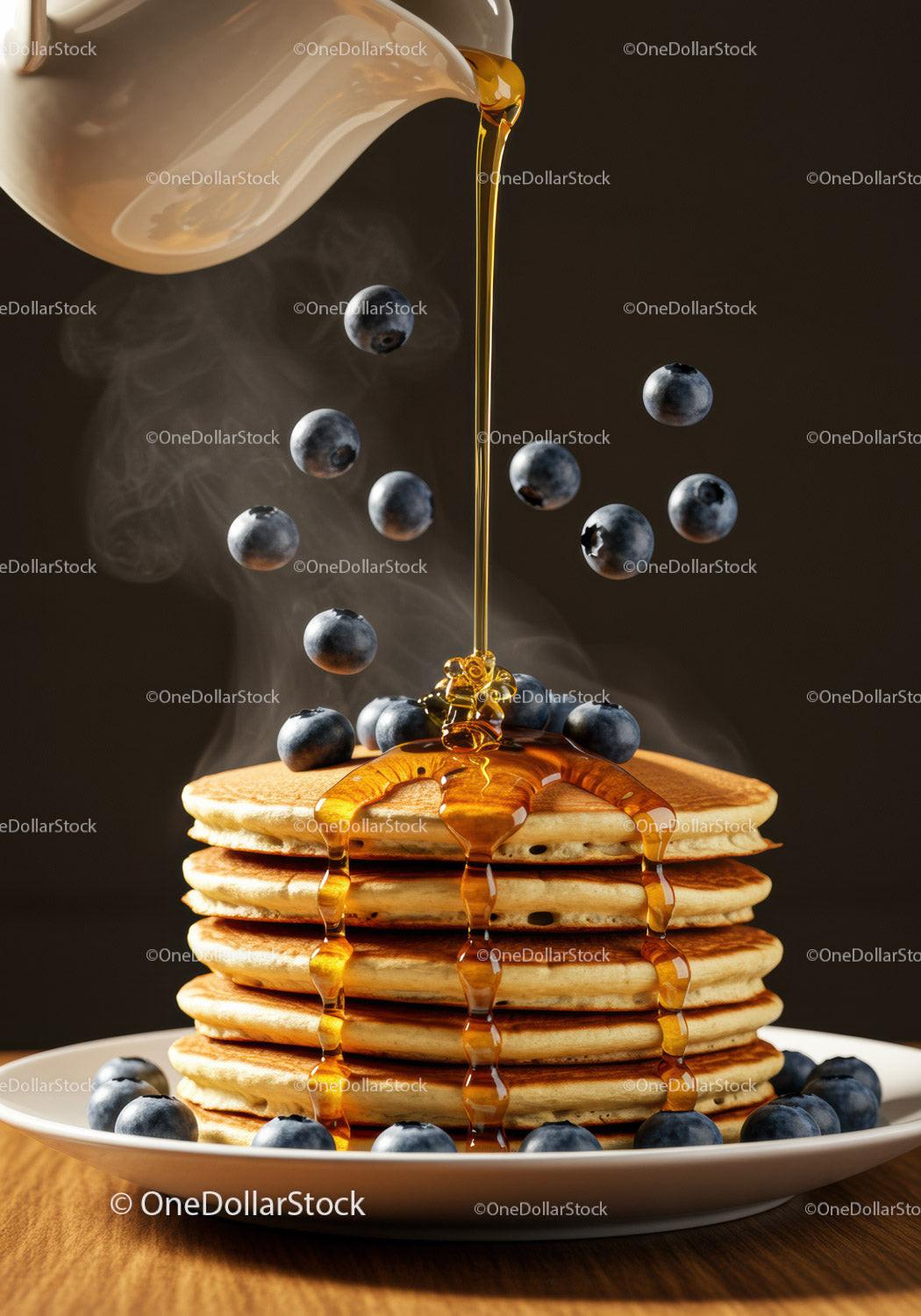 Stack of fluffy pancakes topped with syrup and blueberries