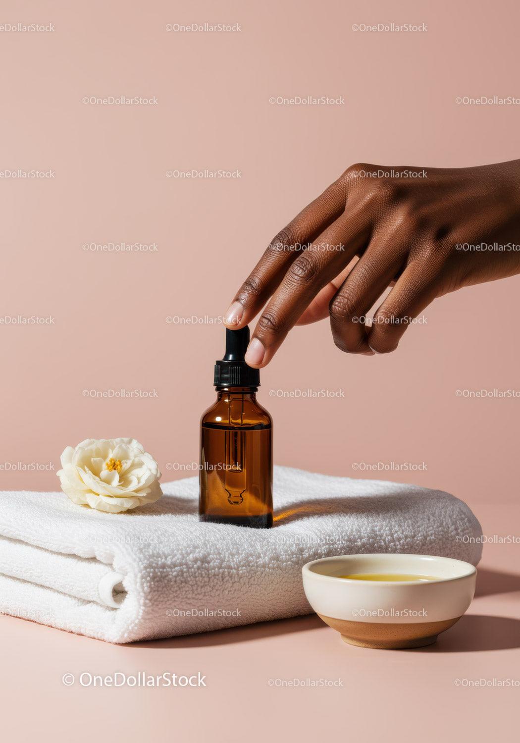 Brown Glass Dropper Bottle on White Towel with Flower for Selfcare JPG Mockup Image preview
