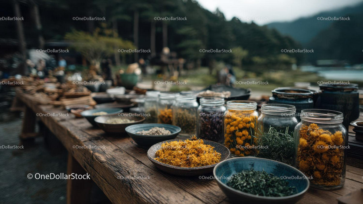 Herbal Jars and Dried Flowers at Rustic Outdoor Market