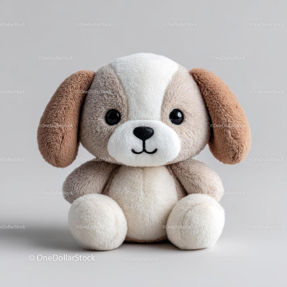 Plush puppy toy with floppy light brown ears and big black eyes sitting upright on gray surface