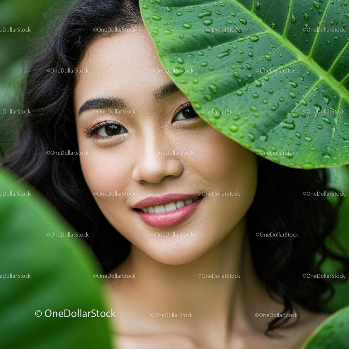 Portrait of a Smiling Woman in Lush Green Tropical Garden