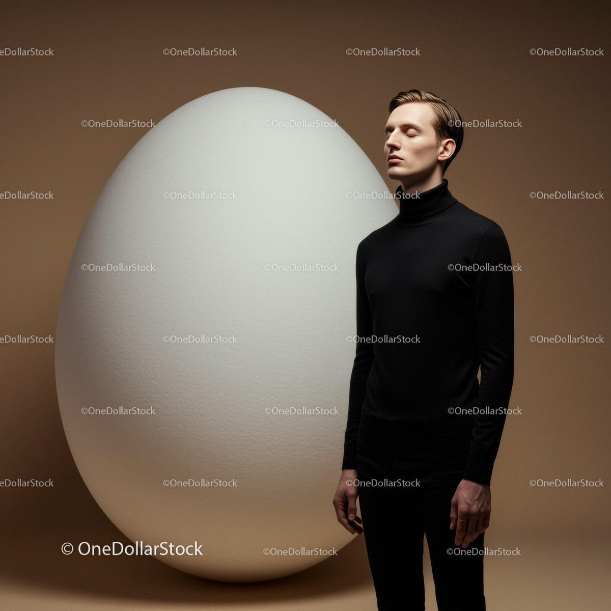 Calm man standing next to giant white egg on beige
