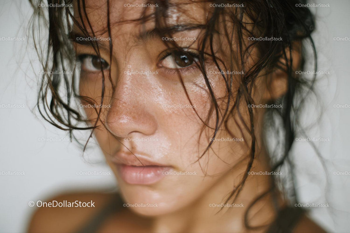 Close-Up Portrait of a Woman with Wet Hair and Expressive Eyes
