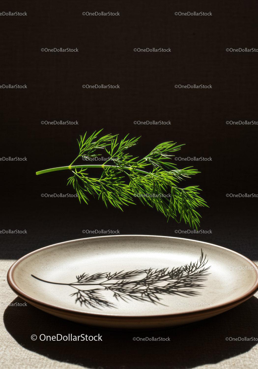 Fresh dill sprig casting detailed shadow on ceramic plate