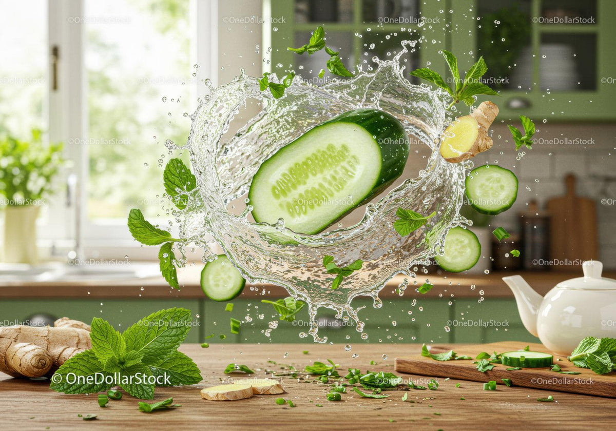 Fresh cucumber and ginger splash with mint leaves