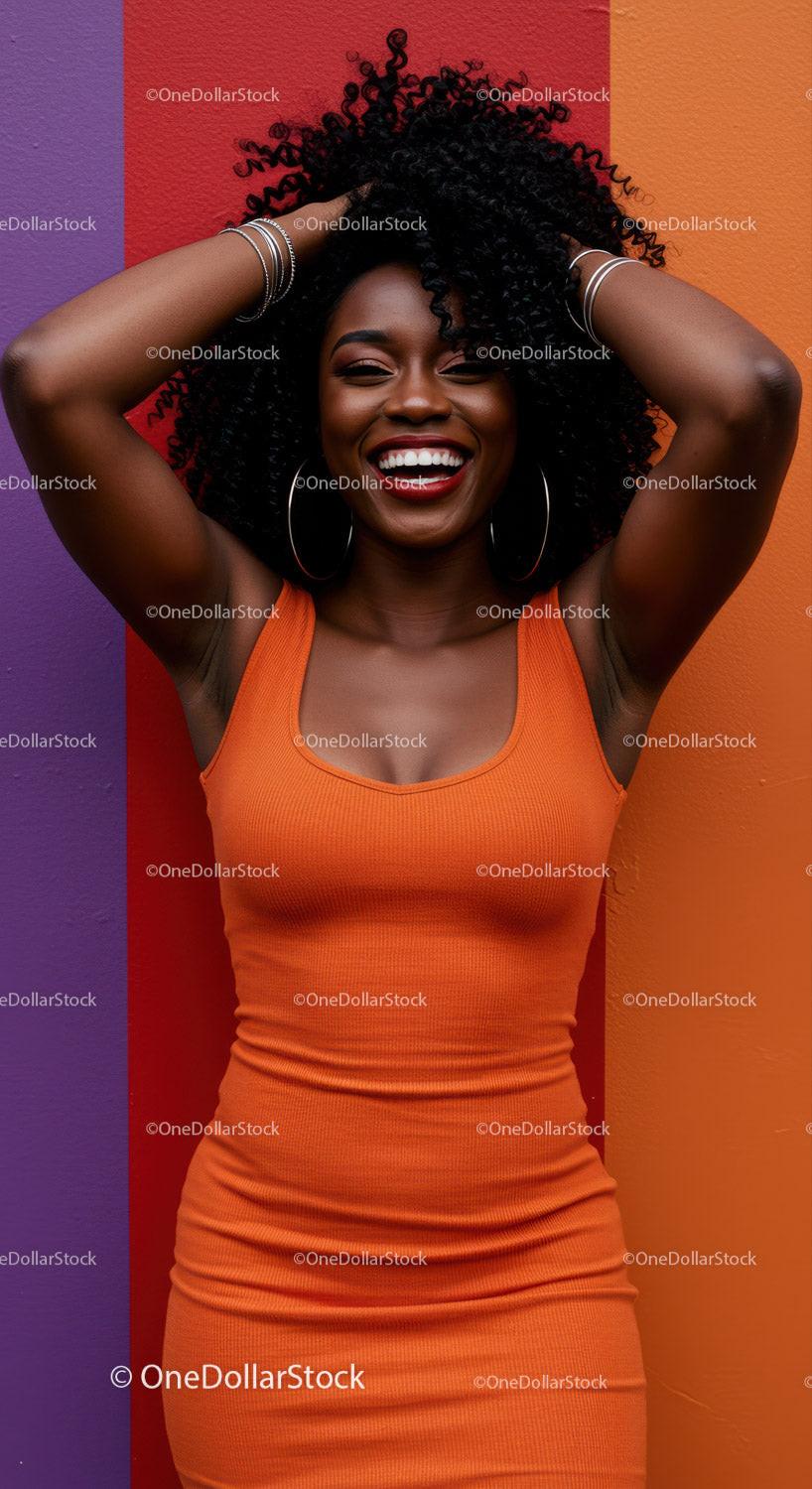 Vibrant Woman in Orange Dress Laughing with Colorful Background