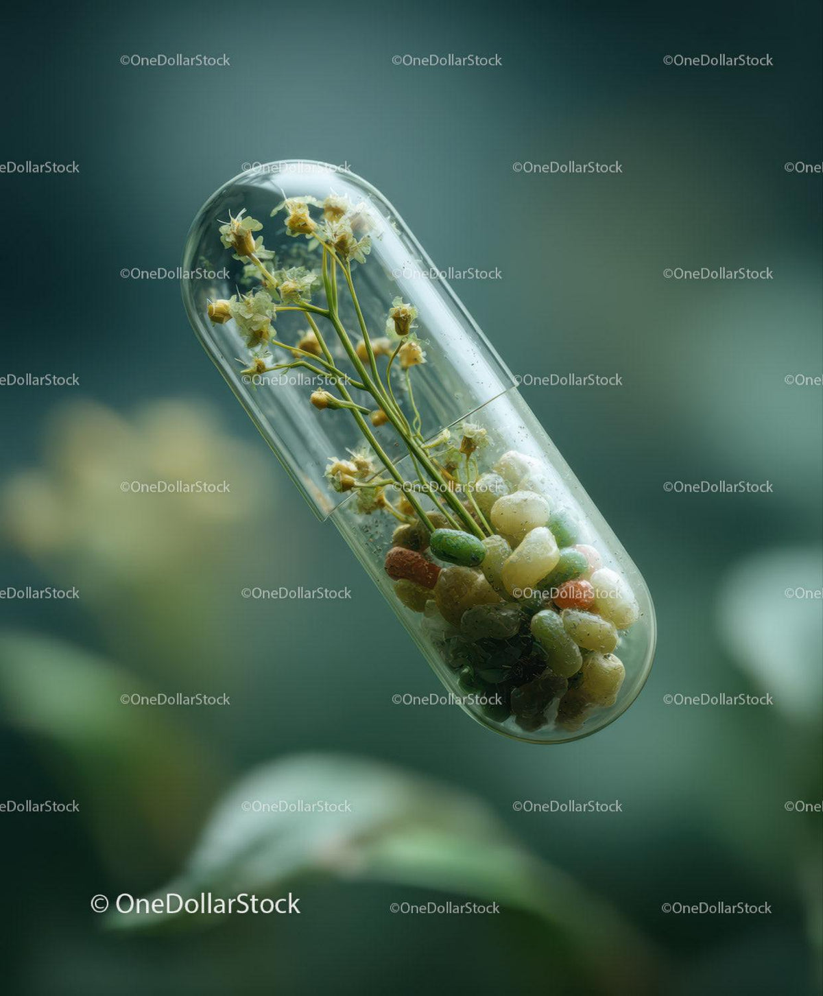 Clear capsule holding small white flowers and multicolored pebbles against green background