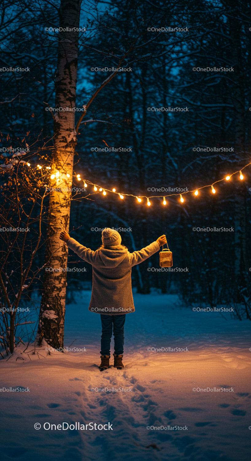 Child holding lantern under glowing string lights in snowy forest