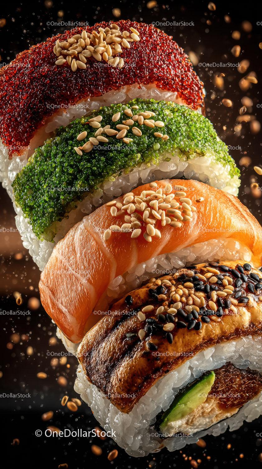 Colorful Assorted Sushi Rolls with Fish and Vegetables on Black Background