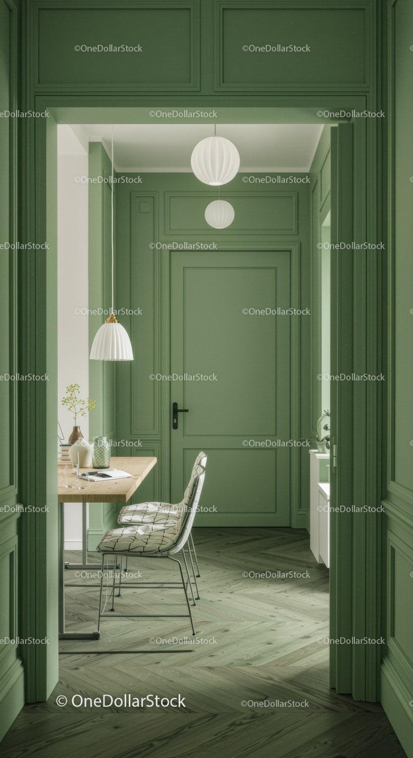 Green Walled Interior with Pendant Lighting and Wooden Furniture