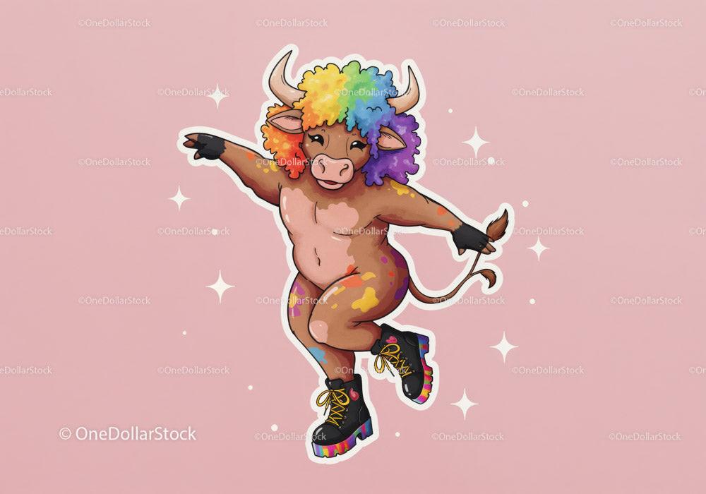 Cartoon bull with rainbow afro dancing in black boots on pink background with stars