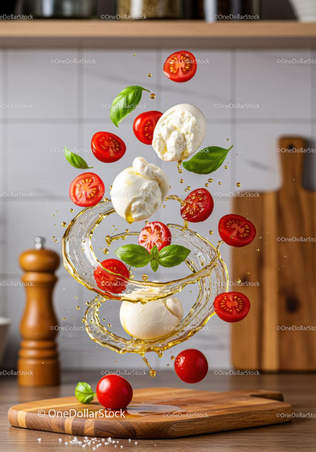 Fresh mozzarella with cherry tomatoes and basil splash