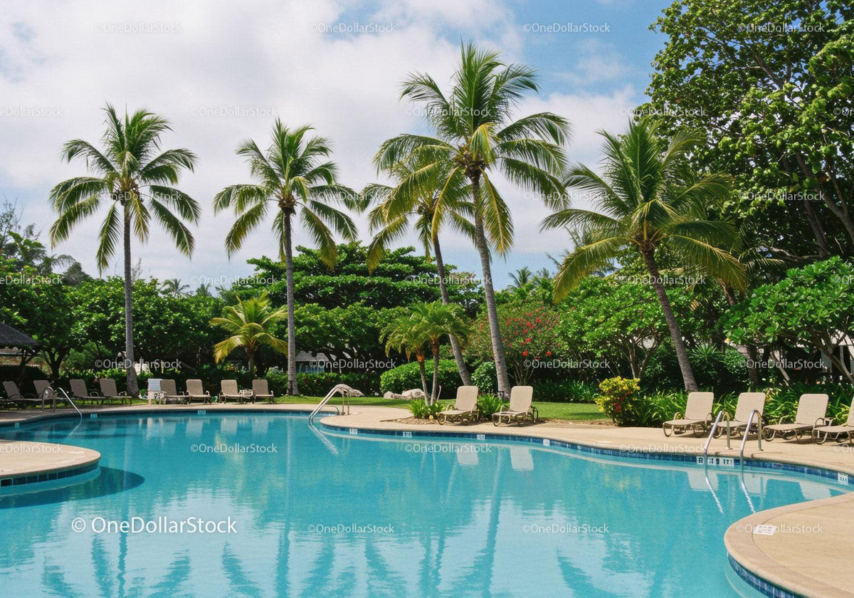 Tropical Poolside Scene with Palm Trees and Lounge Chairs