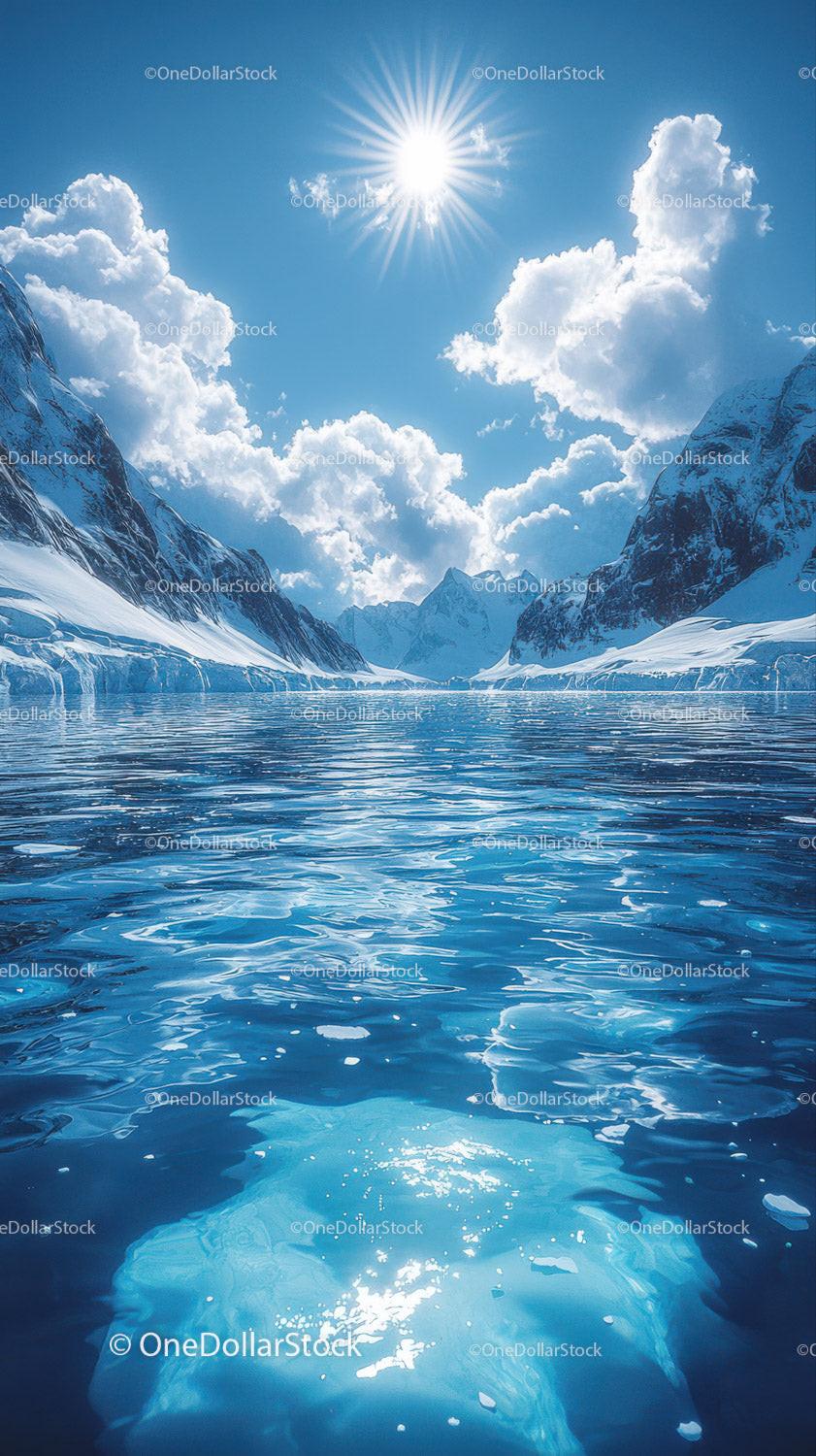 Majestic Snowy Mountains and Glacial Fjord under Bright Sun Stock Photo Bundle preview