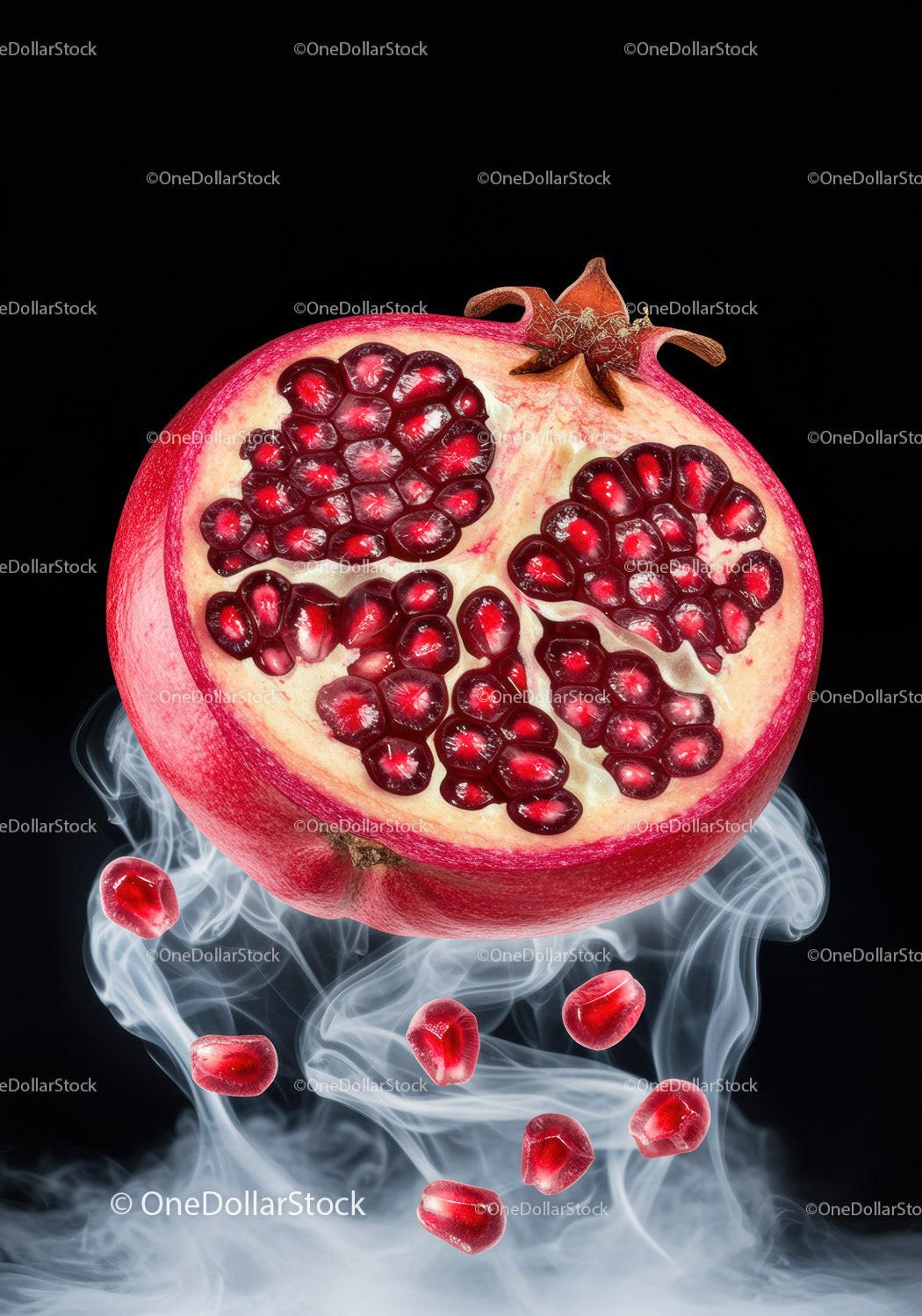 Fresh pomegranate half with juicy seeds and smoky effect