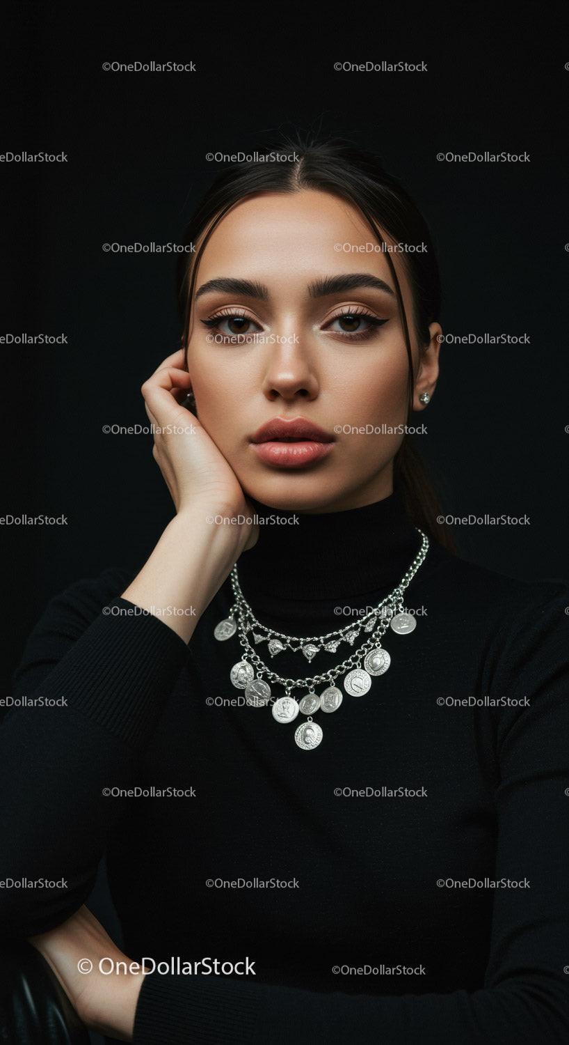 Elegant woman with silver coin necklace in black turtleneck