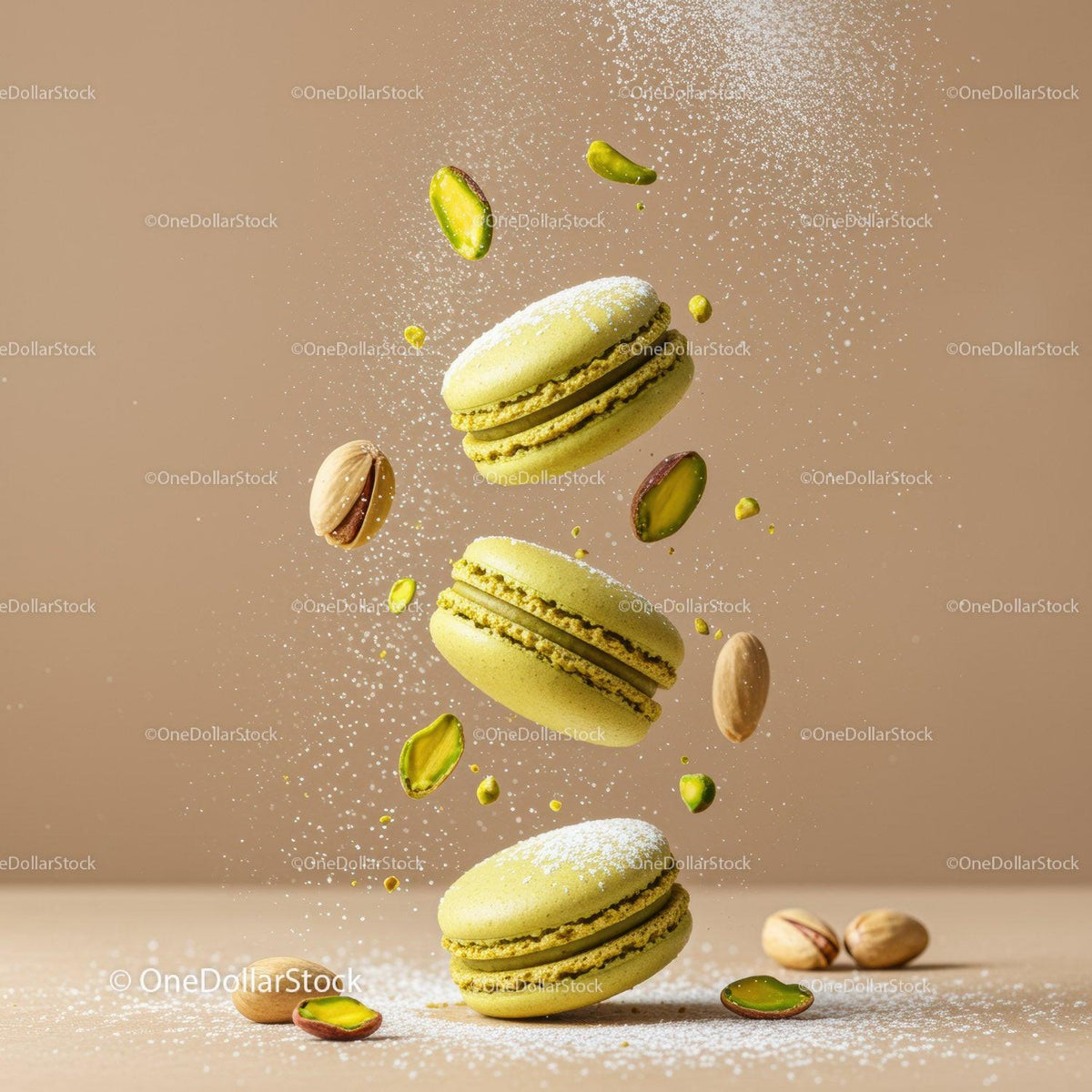 Pistachio macarons with powdered sugar and nuts floating