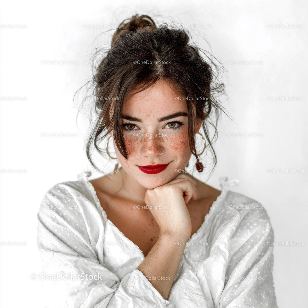 Freckled Woman with Red Lipstick Bright Eyes and Casual Style