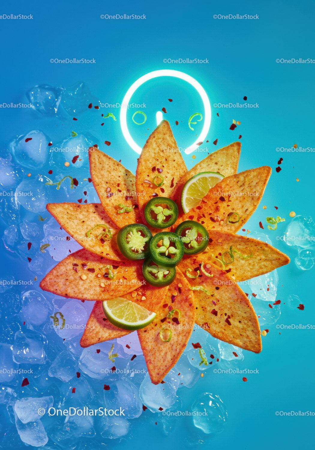 Spicy nachos with jalapeno and lime on ice