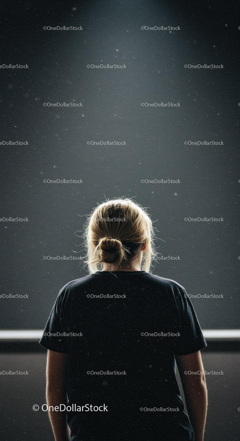 Young Woman Standing Alone in Dimly Lit Space