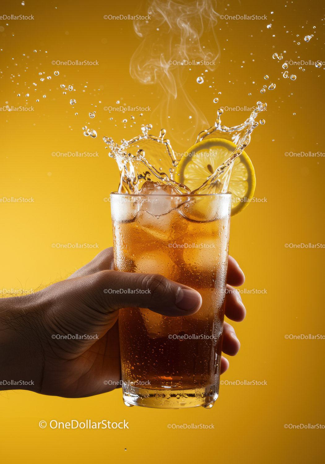 Refreshing iced tea splash with lemon slice