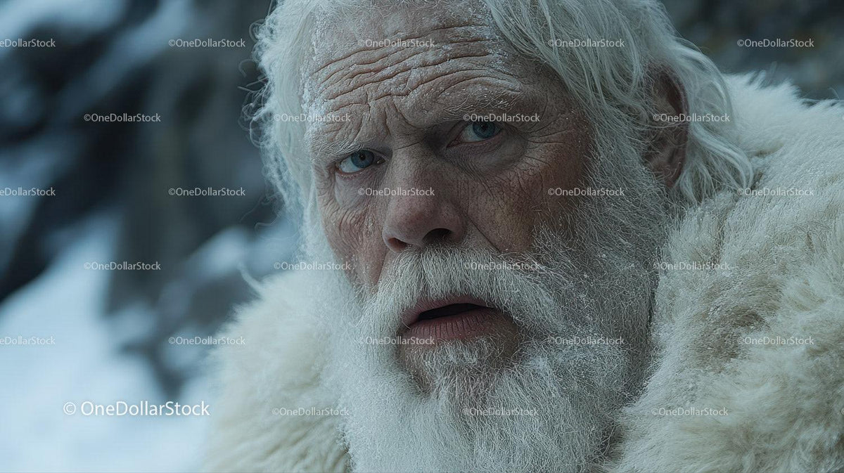 Elderly man with white beard in a cream fur coat against snowy rocky background