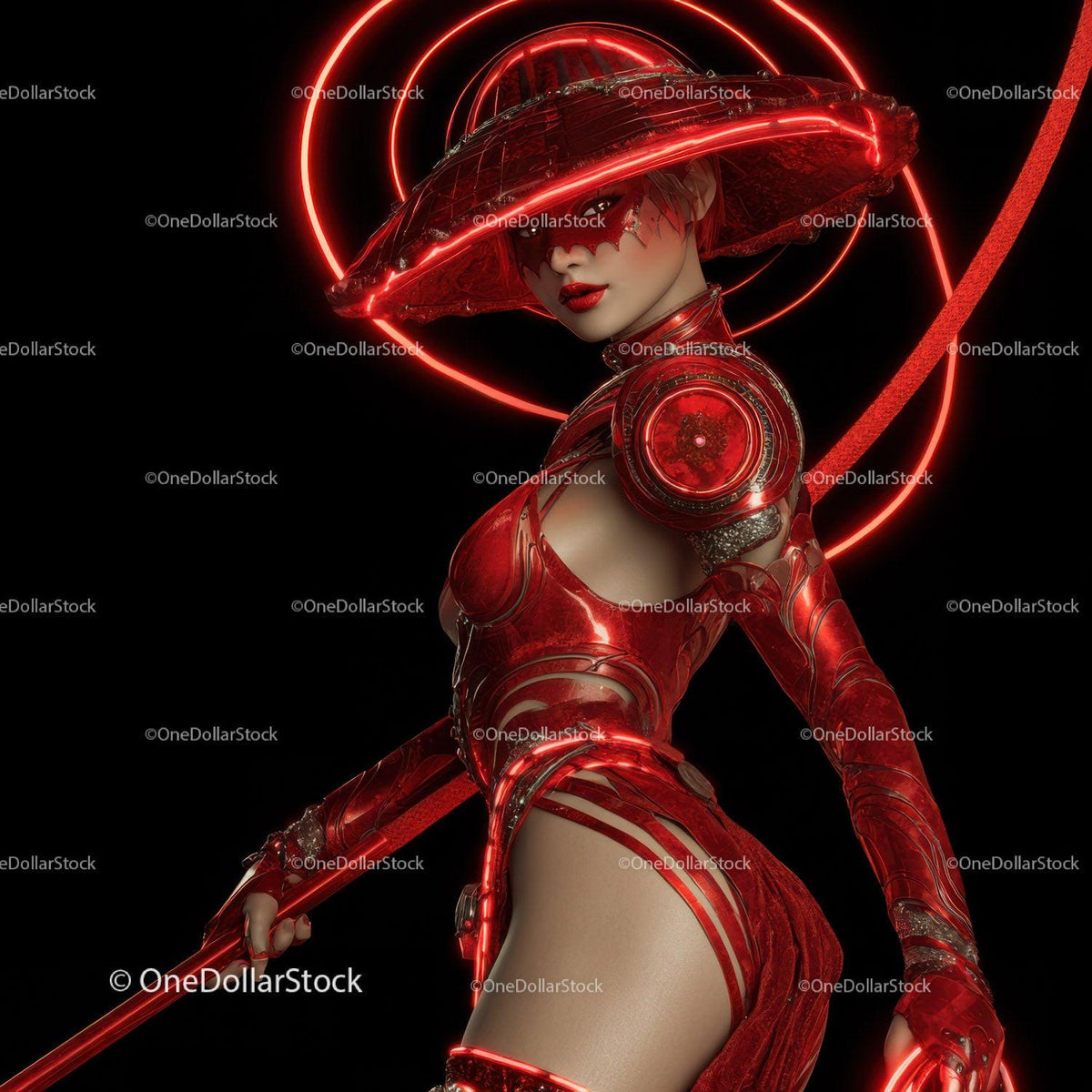 Futuristic Samurai in Neon Red Armor Holding Umbrella Stock Photo Bundle preview 17