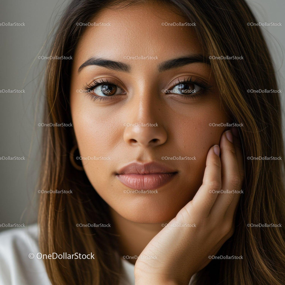 Beautiful Woman with Natural Makeup and Brown Eyes Close-Up Portrait