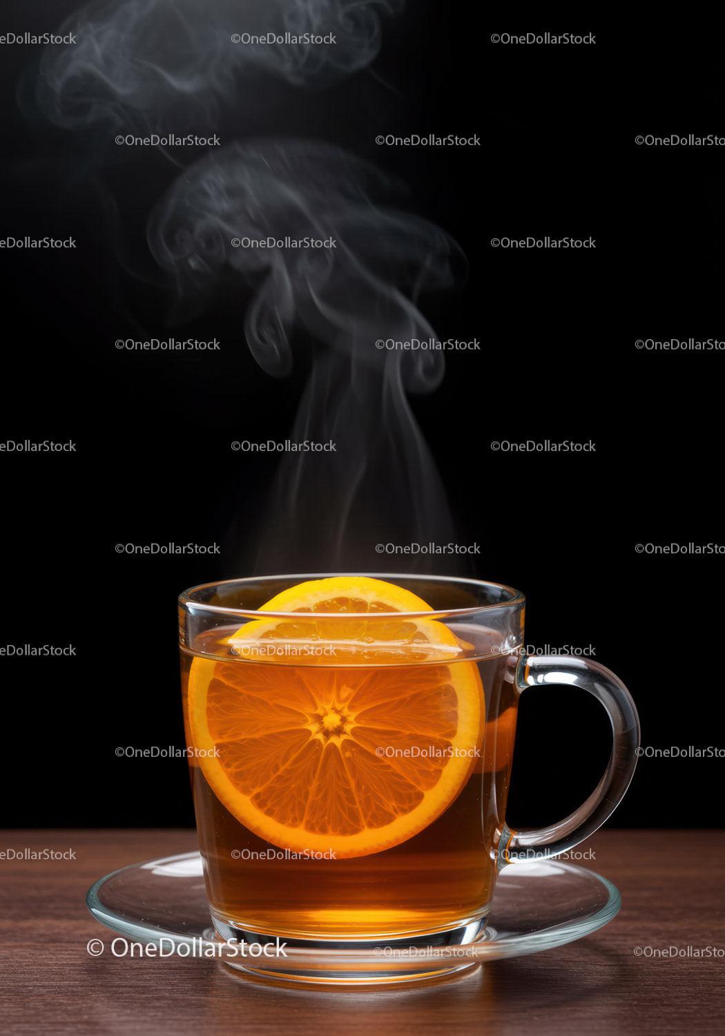 Steaming Black Tea with Fresh Orange Slice in Glass Cup