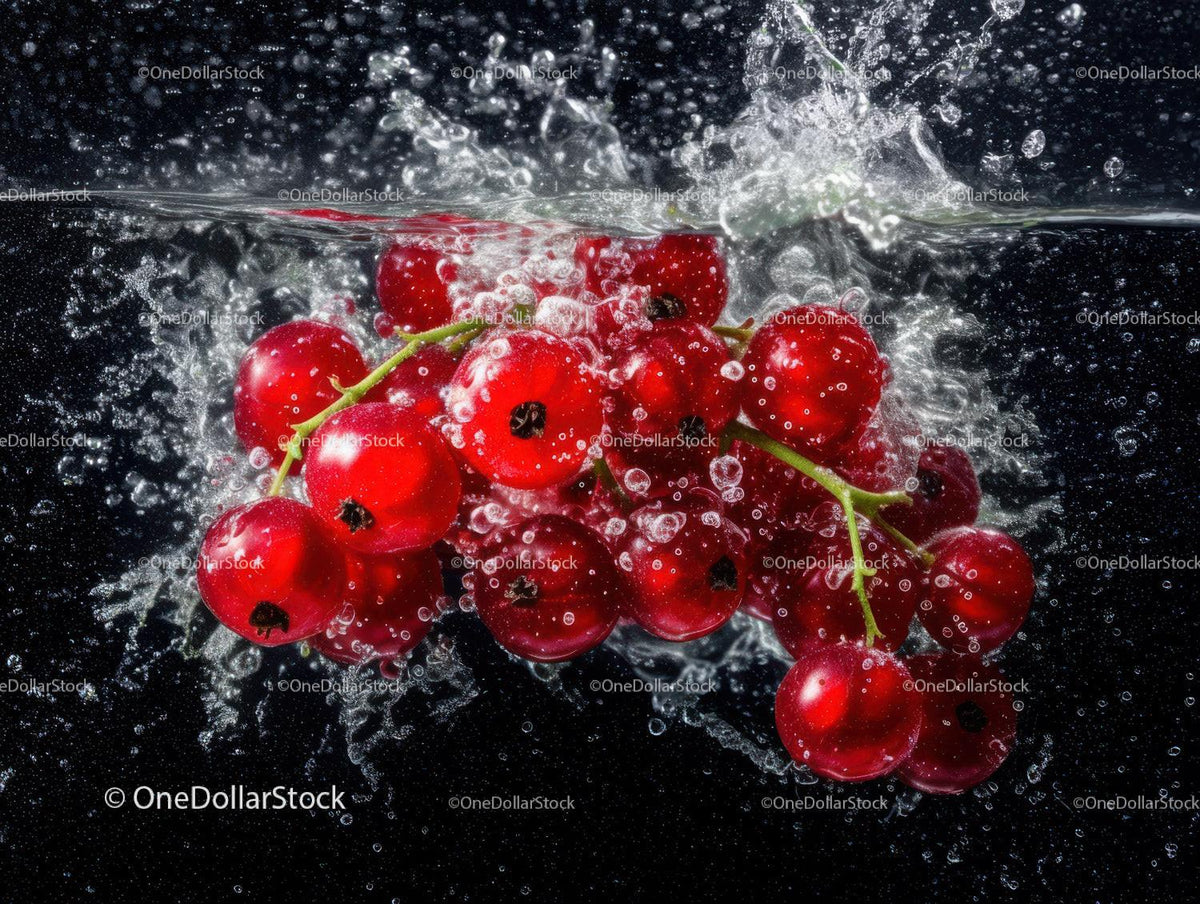 Fresh Red Currants Splashing into Water with Bubbles