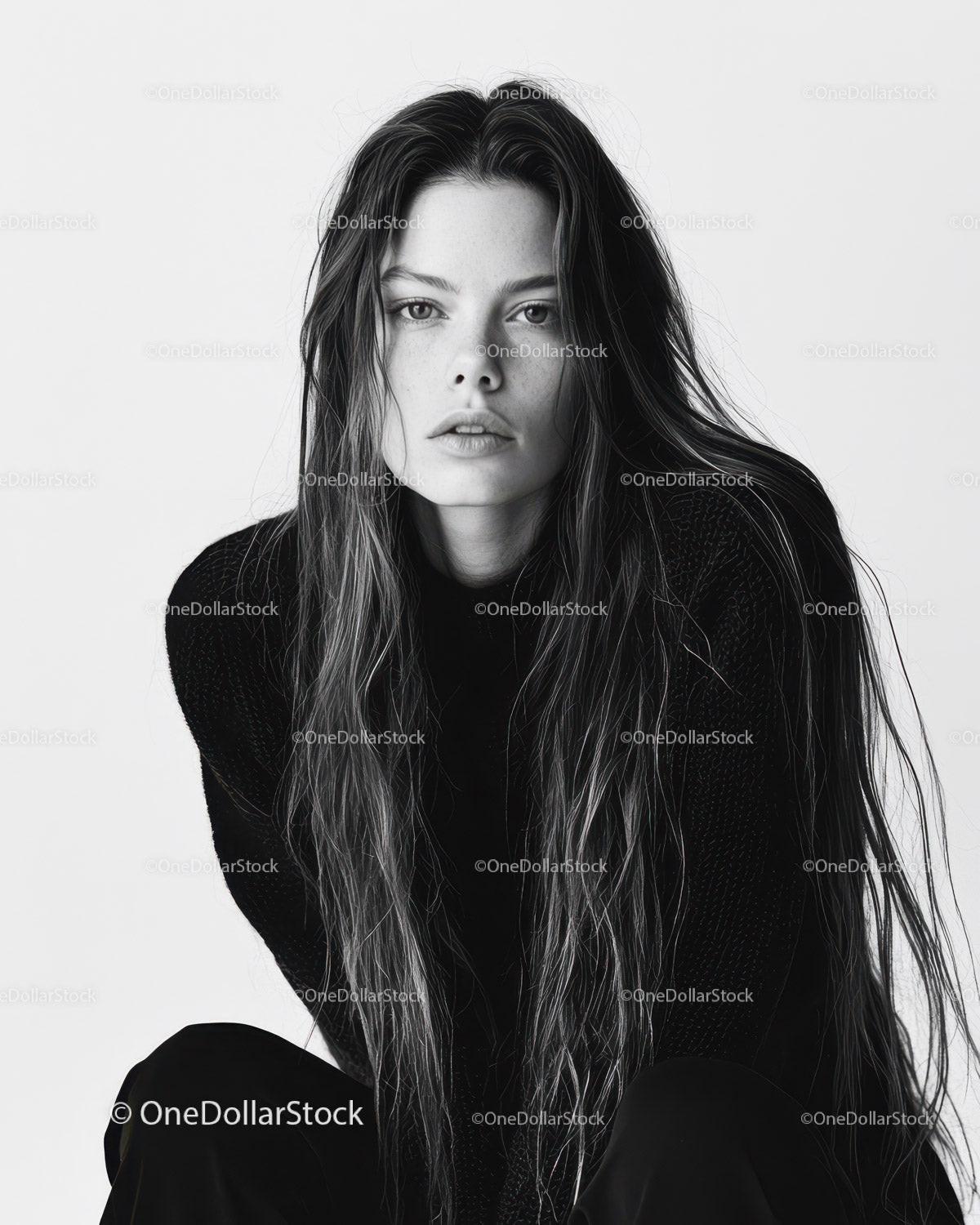 Elegant Black and White Portrait of a Woman with Long Hair