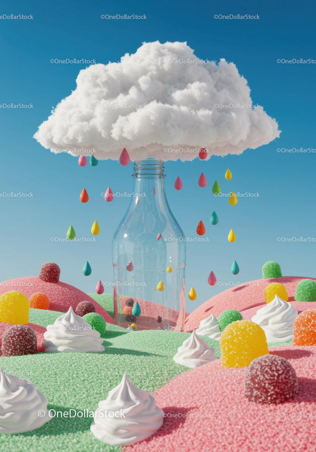 Candy Landscape Under a Colorful Dripping Cloud