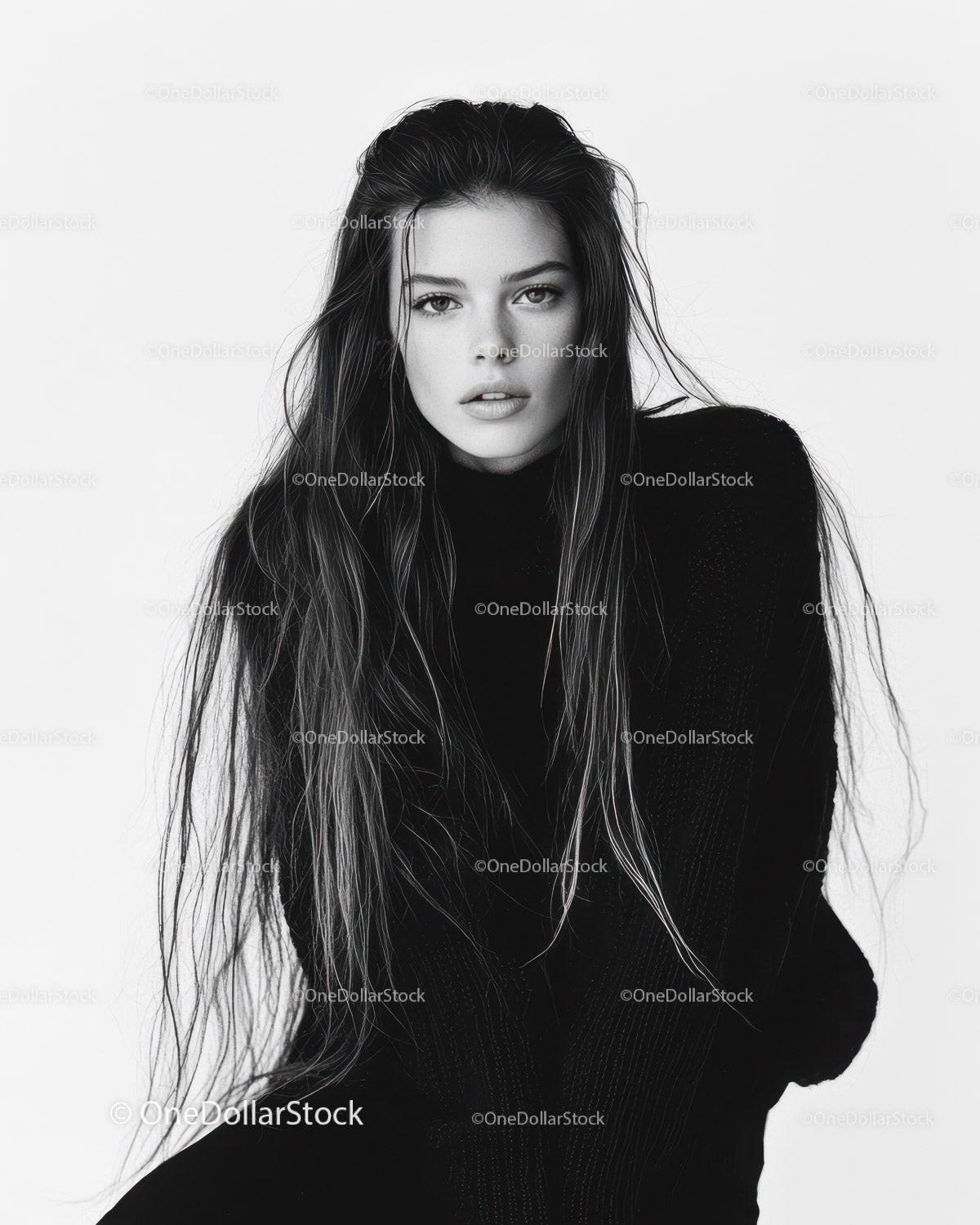 Black and White Portrait of a Young Woman with Long Hair