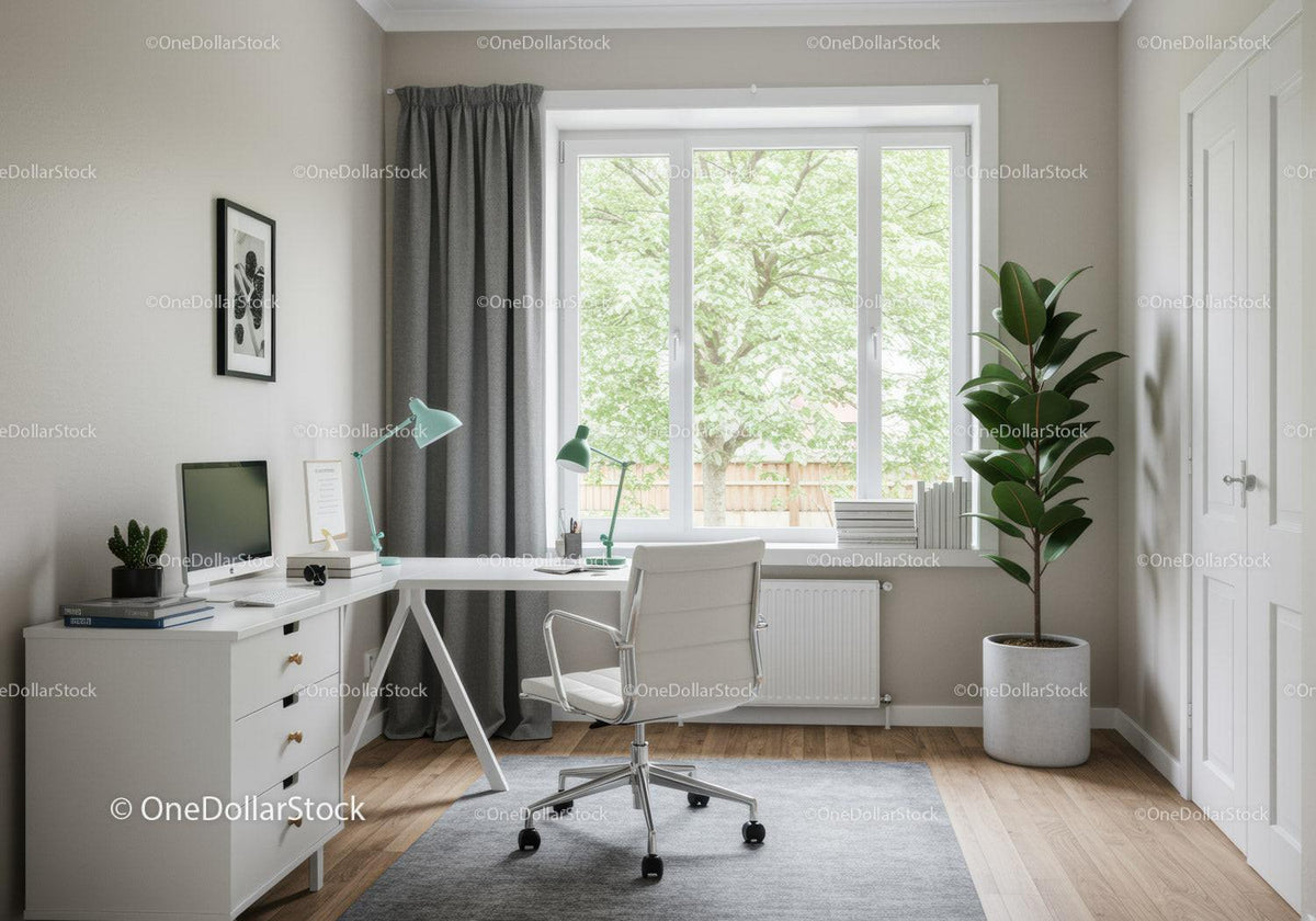 Bright Modern Home Office with White Desk and Green Plants