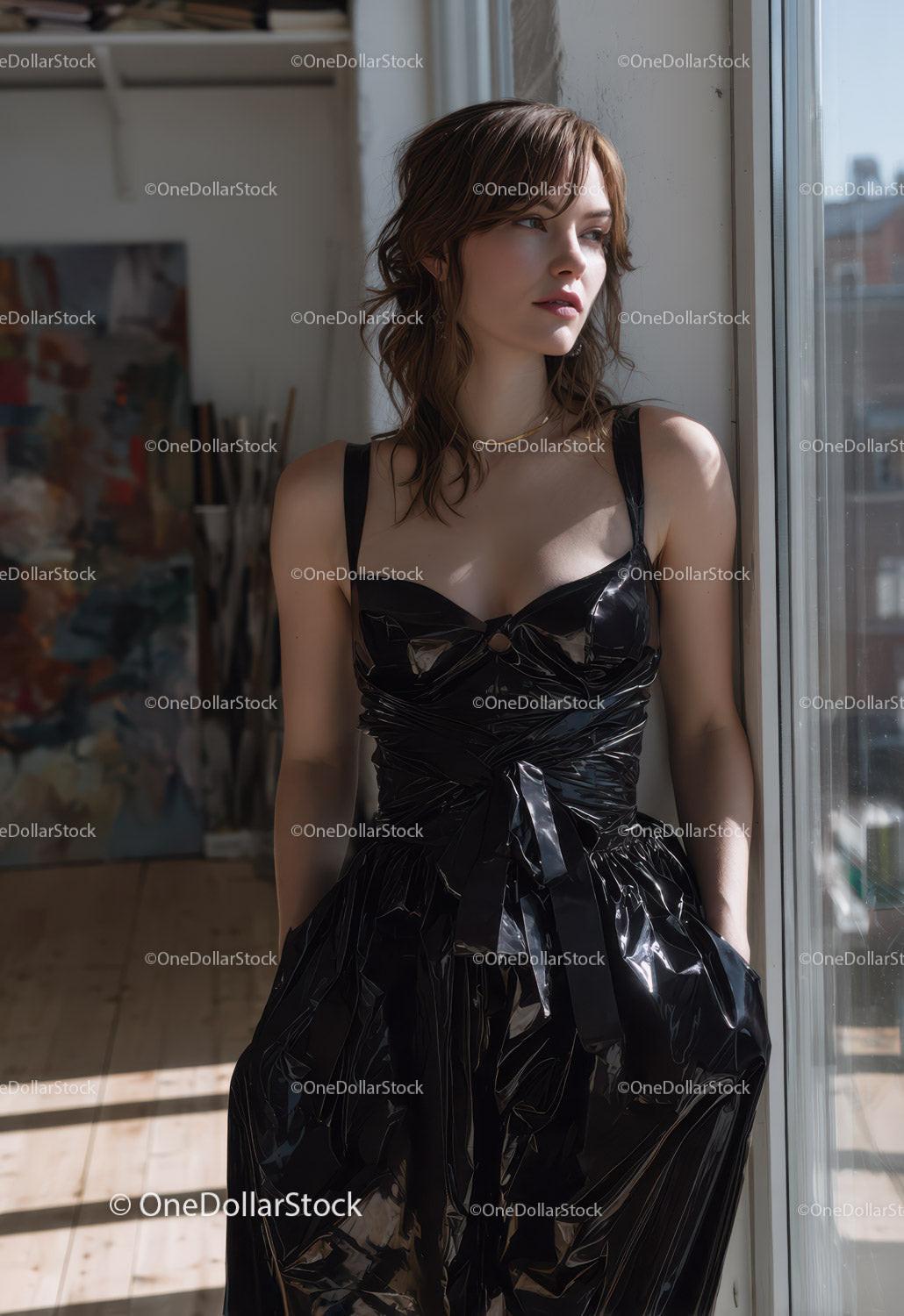 Fashion Model in Black Glossy Dress Illuminated by Natural Light
