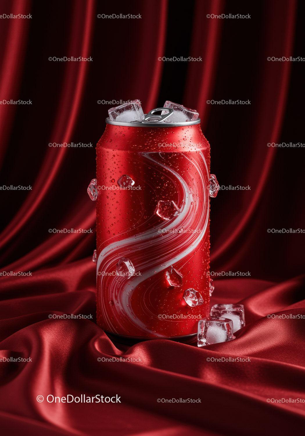 Chilled soda can with ice cubes on red satin fabric