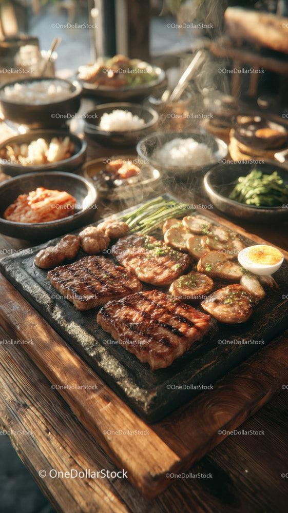 Korean Barbecue with Grilled Meat and Fresh Vegetables in a Traditional Setting Stock Photo Bundle preview 8