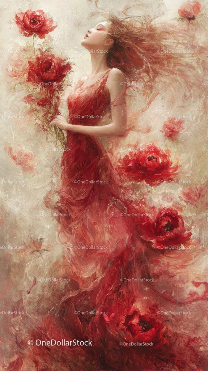 Elegant Woman in Flowing Red Dress Surrounded by Red Poppies
