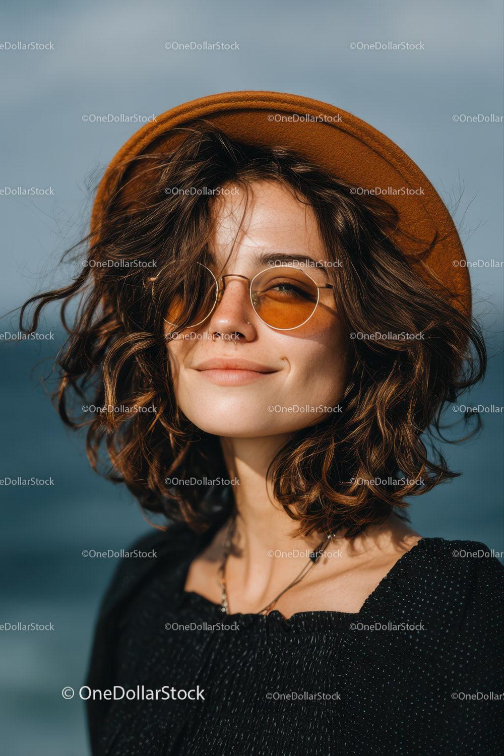 Young Woman Wearing Sunglasses and Brown Curly Hair Outdoors