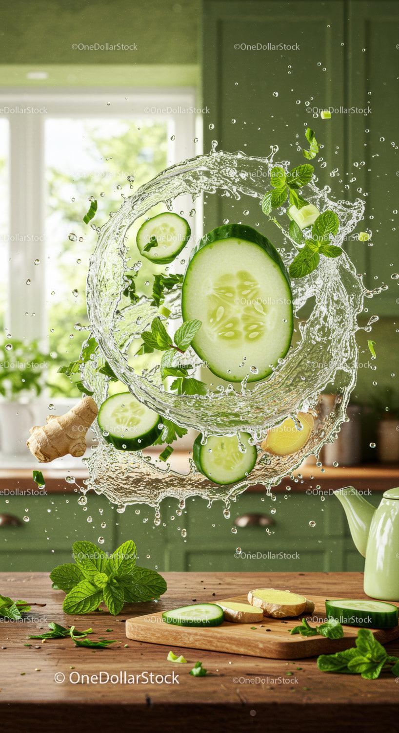 Fresh cucumber and ginger splash in rustic kitchen